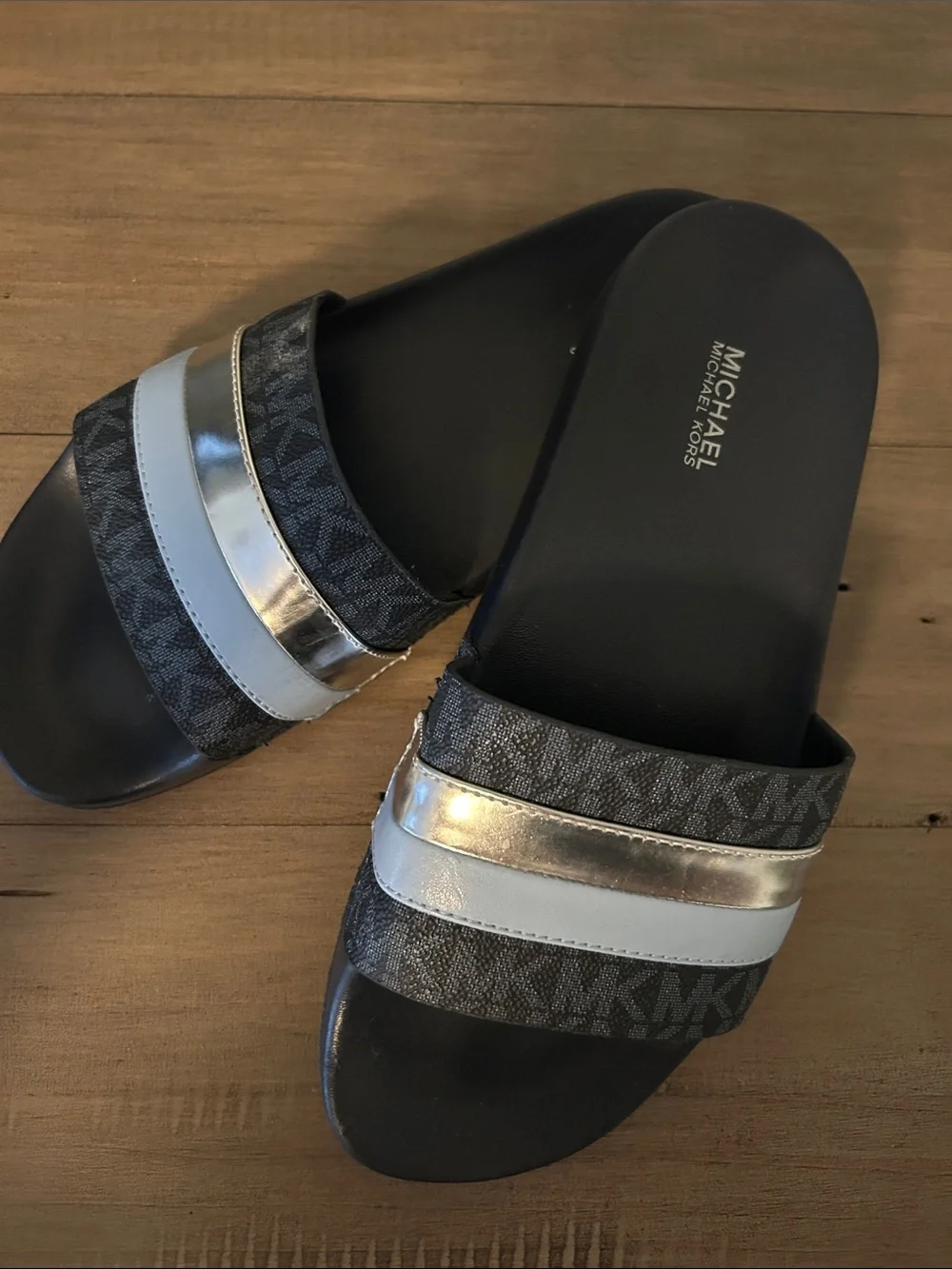Michael Kors Black and Silver Logo Slide Sandals